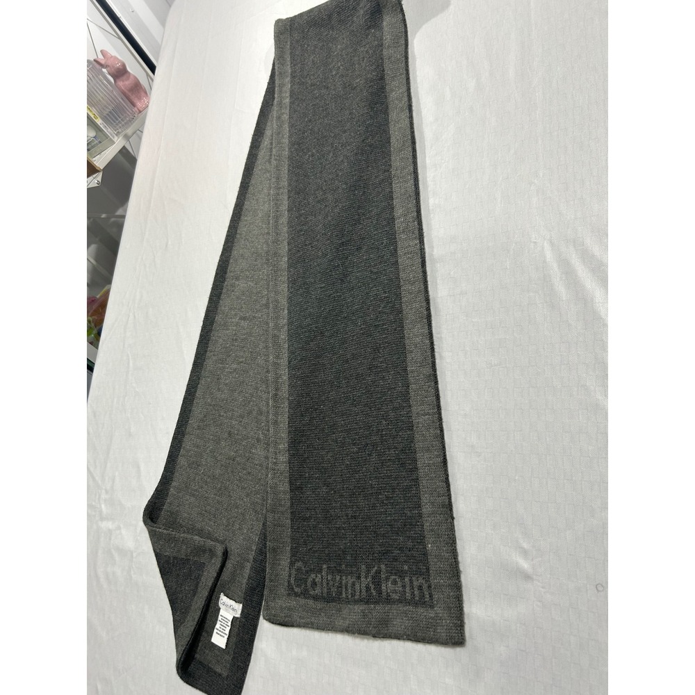 Calvin Klein Grey Knit Logo Scarf Two Tone Colorblock Acrylic‎ Winter Wrap